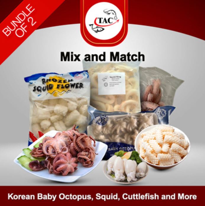 [Bundle Of 2] Mix and Match Octopus - Baby Octopus (300g) / Baby Squid (500g) / Cuttlefish (500g) / Tentacles (500g)/ Sotong Flower(1kg)/ Squid Ring(1kg)